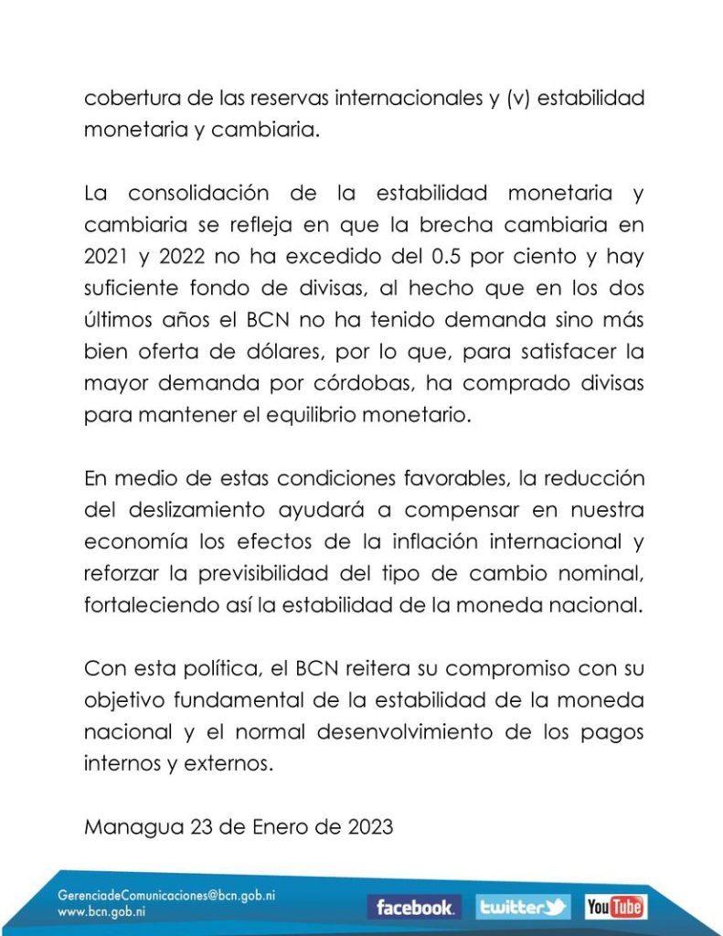 Anuncio del Banco Central de Nicaragua 2
